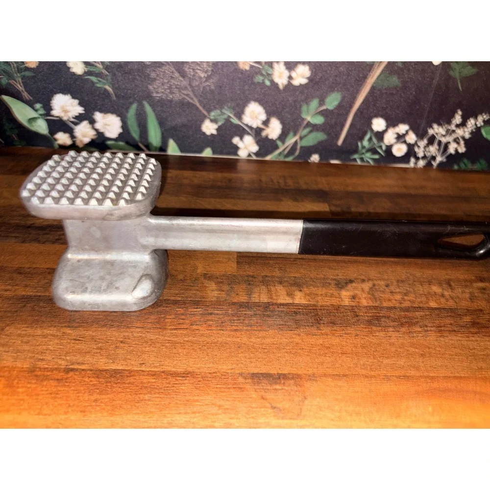 Vintage Aluminum Dual Sided Meat Tenderizer Mallet Hammer Black Handle 10.75